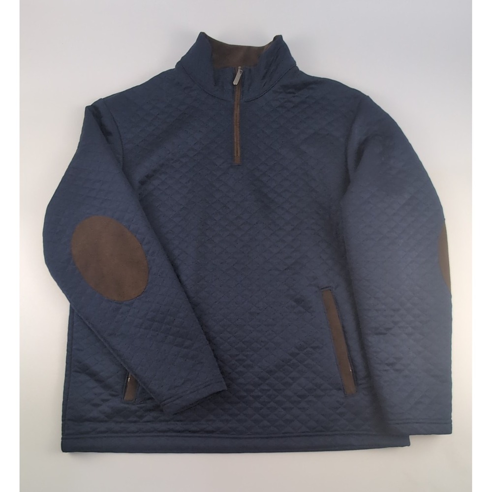 Cremieux Men L Quilted 1/4 Zip Pullover Navy Faux Brown Suede Elbow Patches EUC